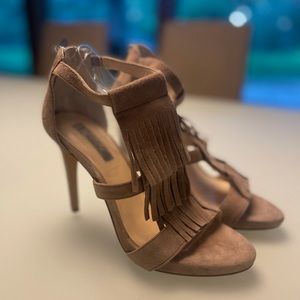 INC International Concepts Taupe Fringe Suede Stiletto Heels